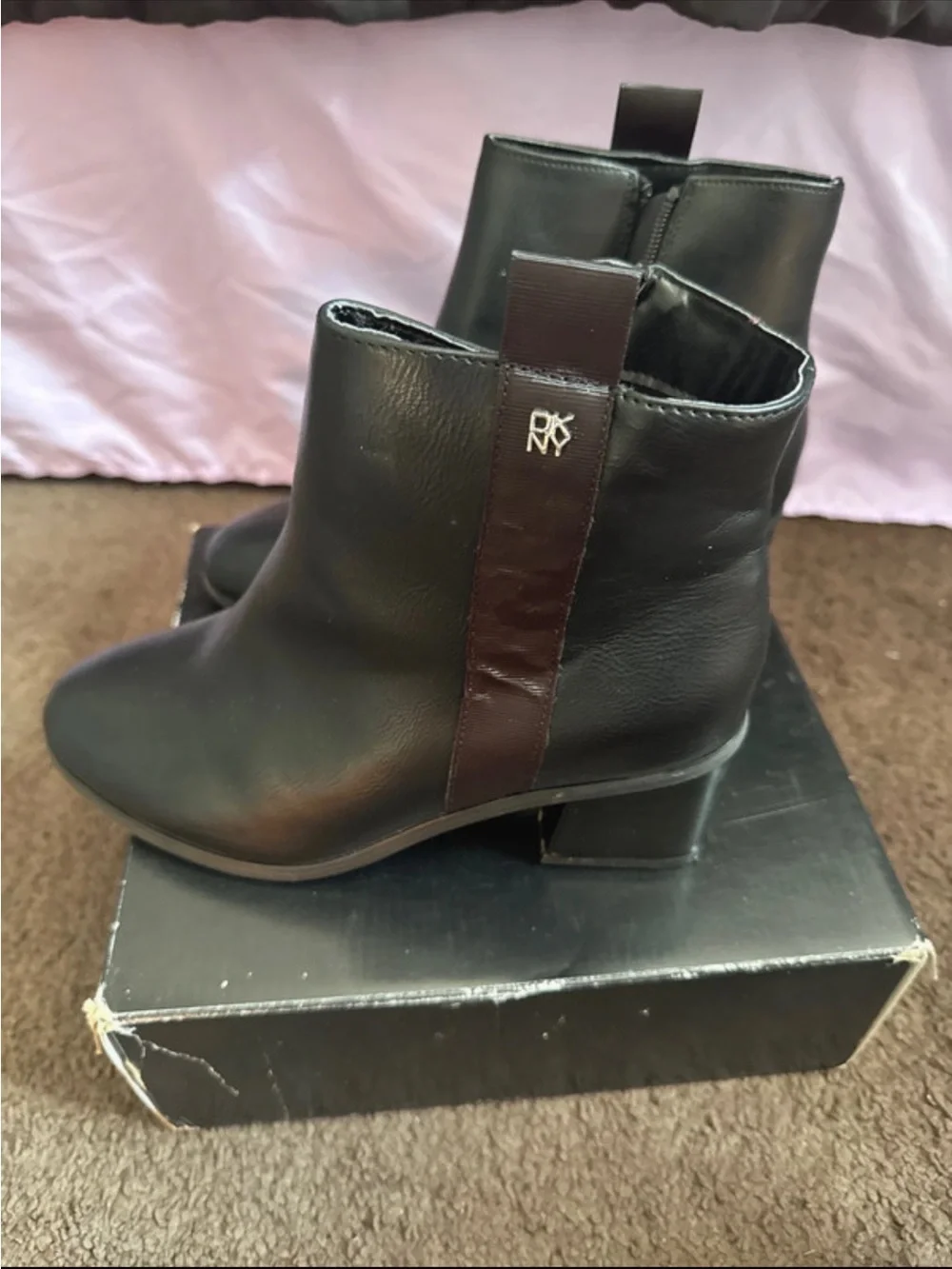 DKNY Black Leather Ankle Booties with Logo Strap